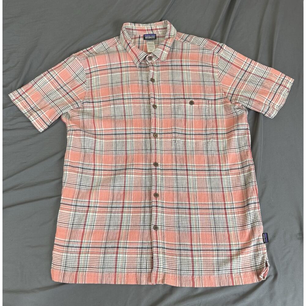 Patagonia A/C Shirt Mens Large Peach Plaid Organic Cotton Crinkle Button Up